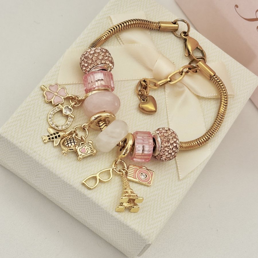Pulsera París Rosé: cristal rosa, cámara, gafas y la torre eiffel