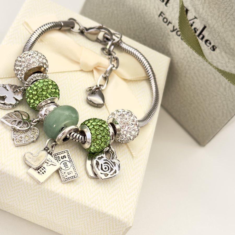 Pulsera Fortunia: aventurina, trébol y un billete de la suerte